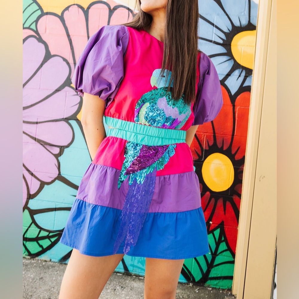 Queen of Sparkles Parrot Crop Top and Tiered Skort Set Small NWT